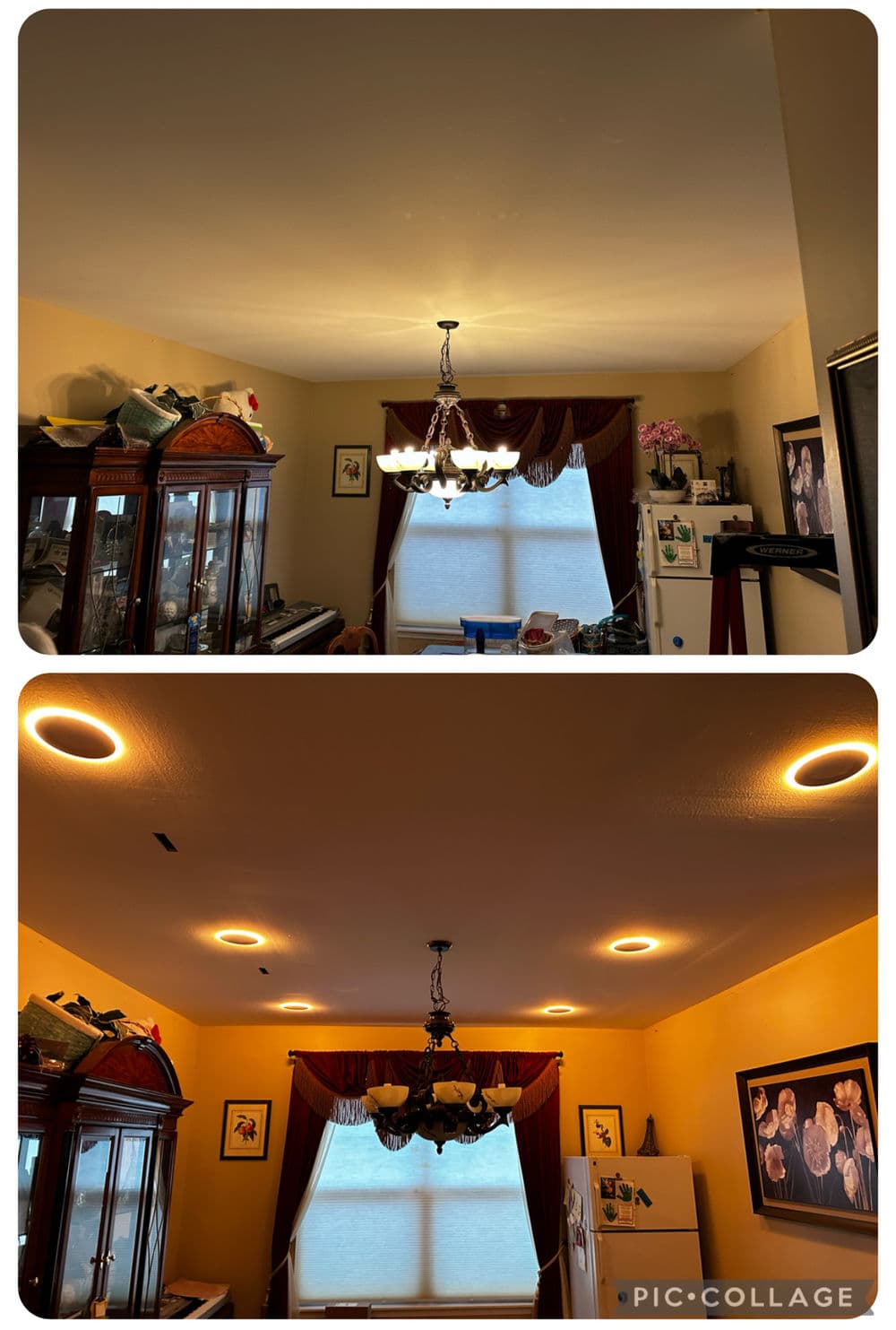 Before and after of a dining room ceiling update with chandelier and recessed lighting.